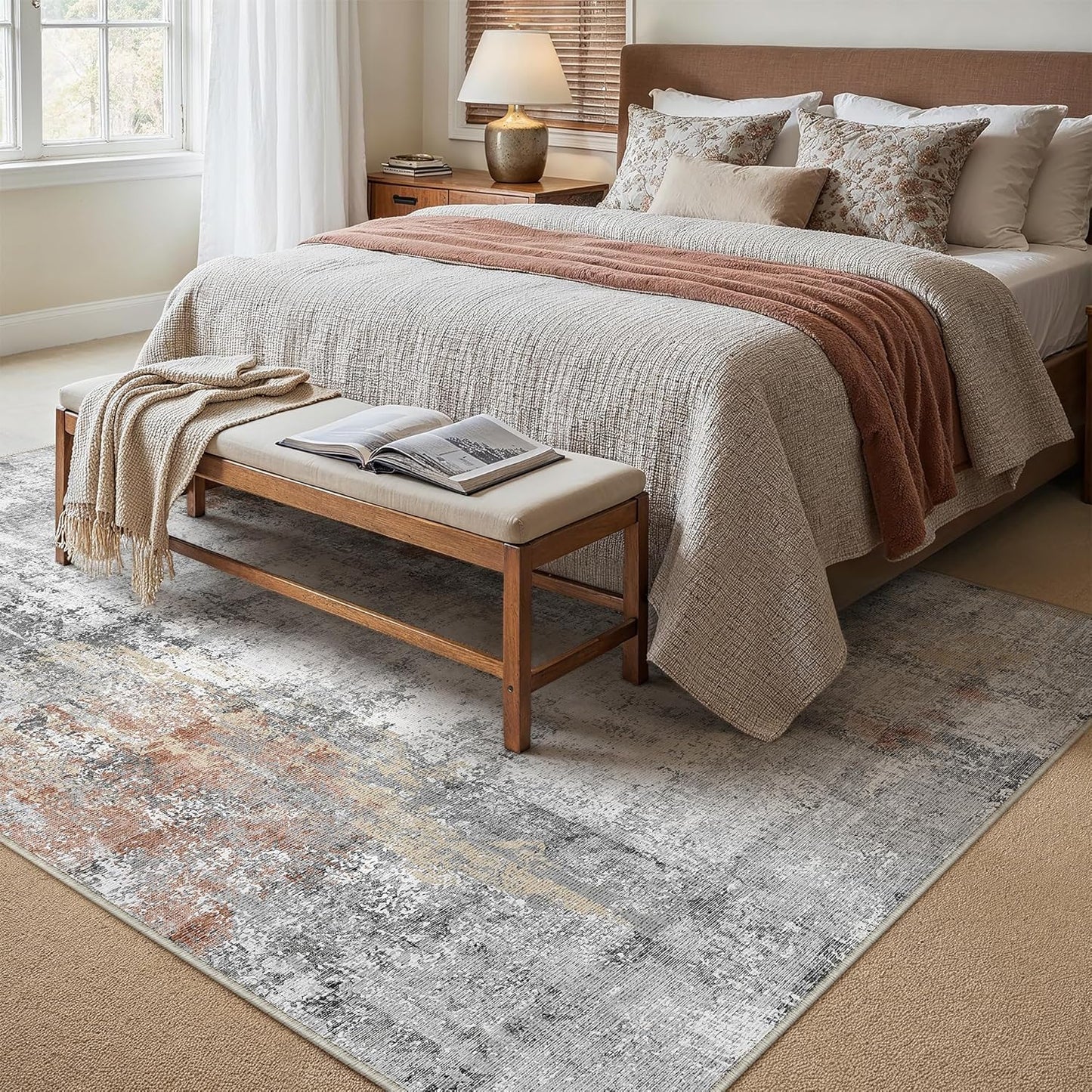 5x7 Washable Area Rug Grey Rust Modern Neutral Abstract Living Room Bedroom Indoor Floor Carpet Low Pile Soft Non-Slip Lightweight Vacuumable Throw Rug for Kitchen Dining Room