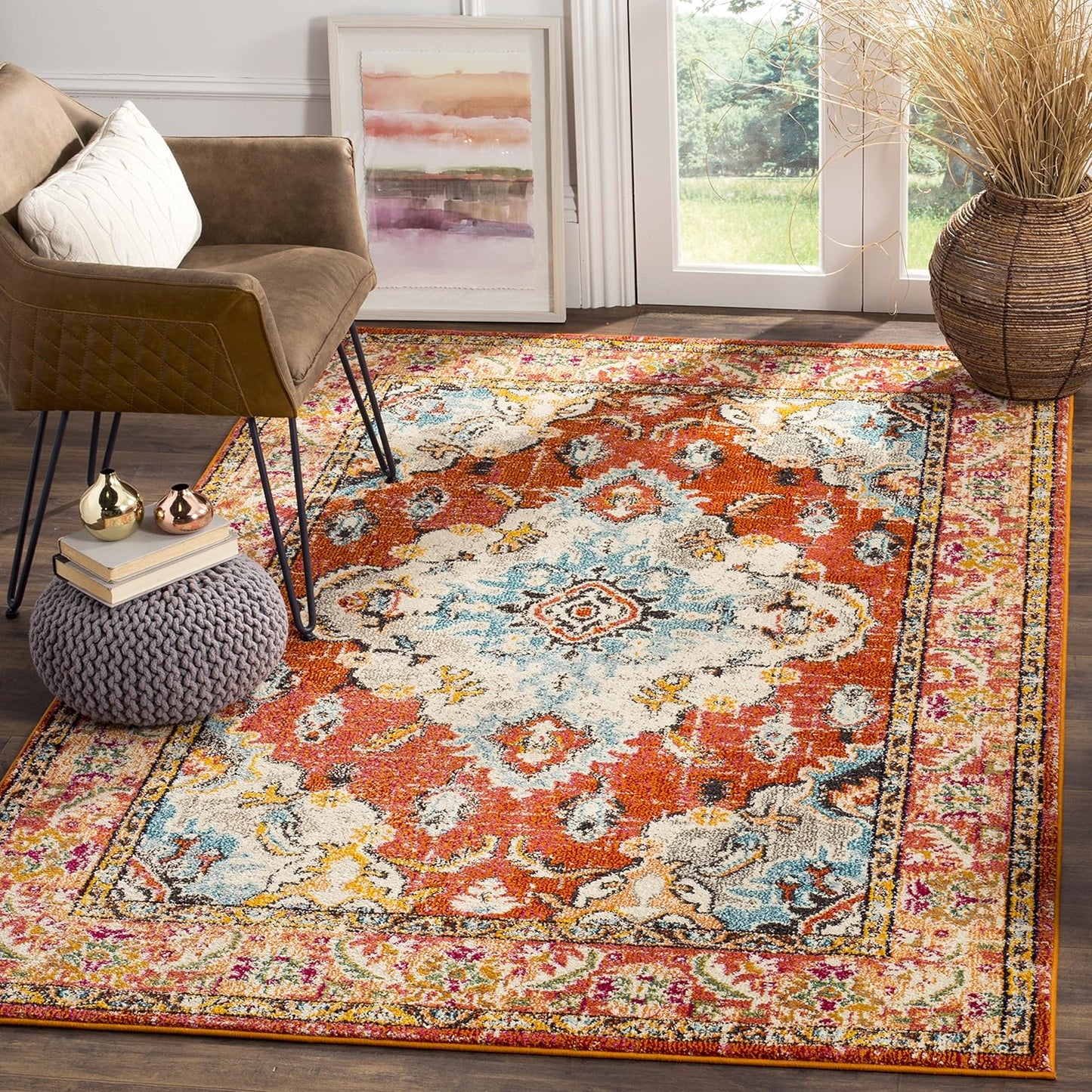 SAFAVIEH Monaco Collection Area Rug - 6'7" x 9'2", Orange & Light Blue, Boho Chic Medallion Distressed Design, Non-Shedding & Easy Care, Ideal for High Traffic Areas in Living Room, Bedroom (MNC243H)