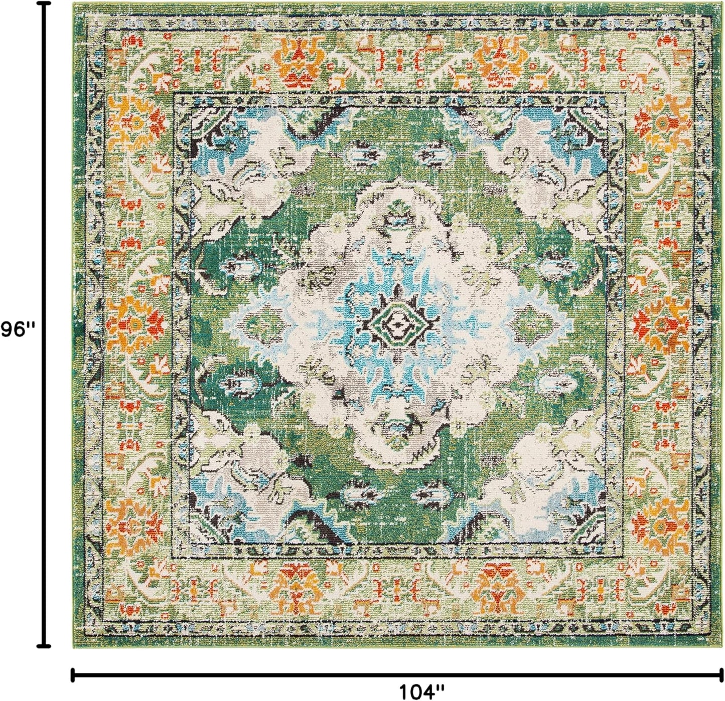 SAFAVIEH Monaco Collection Area Rug - 8'8" Square, Forest Green & Light Blue, Medallion Distressed Design, Non-Shedding & Easy Care, Ideal for High Traffic Areas in Living Room, Bedroom (MNC243F)