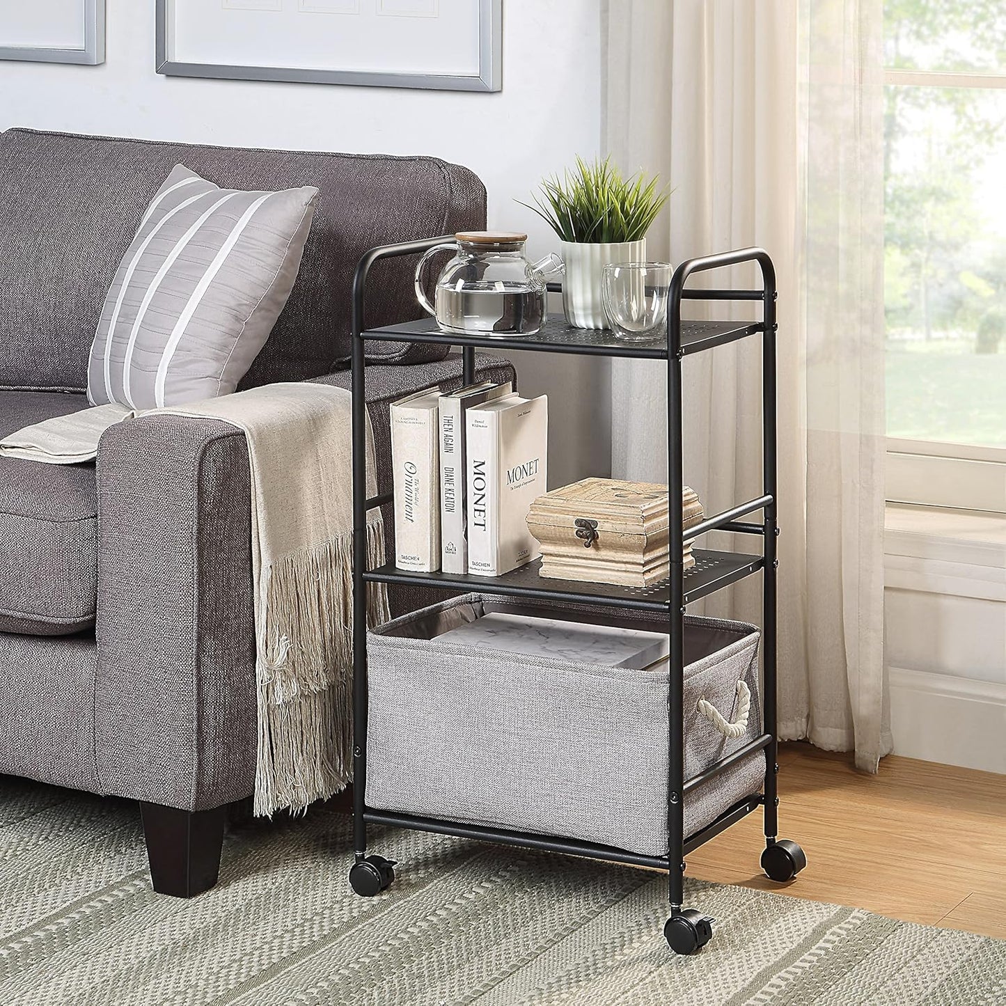 SunnyPoint 3-Tier Rolling Utility Cart – Metal Storage Organizer with Wheels, Mobile Kitchen Cart, Office & Home Organizer, Black, 12" D x 16.92" W x 31.1" H