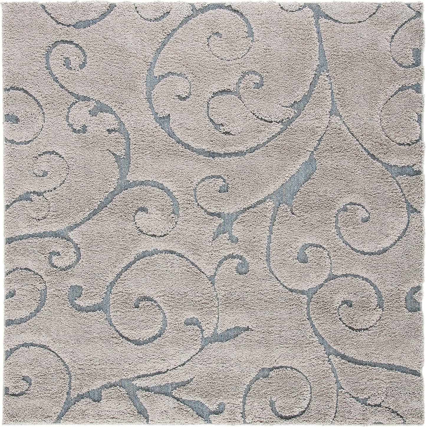 SAFAVIEH Florida Shag Collection Area Rug - 9' Square, Grey & Light Blue, Scroll Design, Non-Shedding & Easy Care, 1.2-inch Thick Ideal for High Traffic Areas in Living Room, Bedroom (SG455-1160)