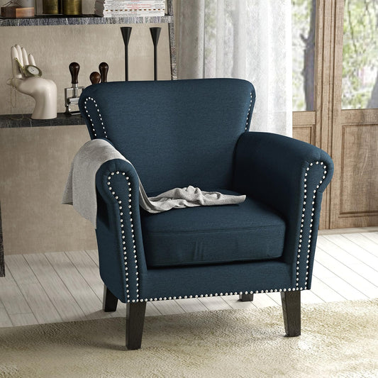Ball & Cast Upholstered Living Room Chairs,Luxury Curved Design with Nailhead Trim and Subtly Rolled Armrests,Comfy Accent Chair Seating Furniture for Bedroom,Navy Blue