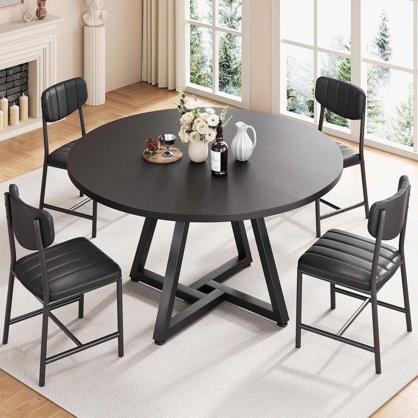 42“ Round Kitchen Dining Room Table for 2-4, Circle Dining Dinner Table with Pedestal Metal Frame, Space Saving Wood Industrial Furniture for Small Space (Black, 42IN)