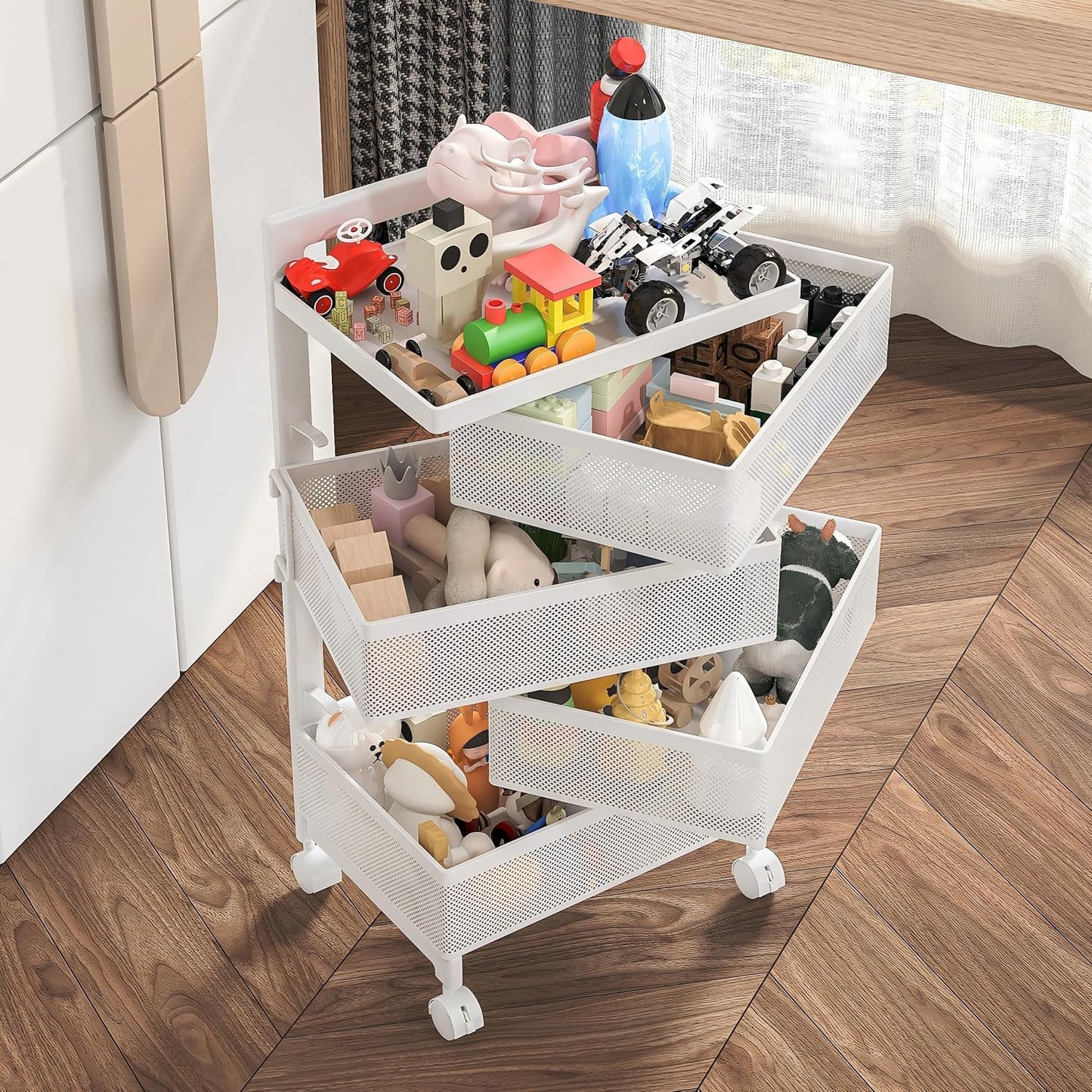 Fruit Basket for Kitchen No Assembly, Rolling Rotating Storage cart,Bathroom Shelf,Storage Drawer Cart for Bathroom,Metal Vegetable Rolling cart(Bright White, 4 Tier-Square)