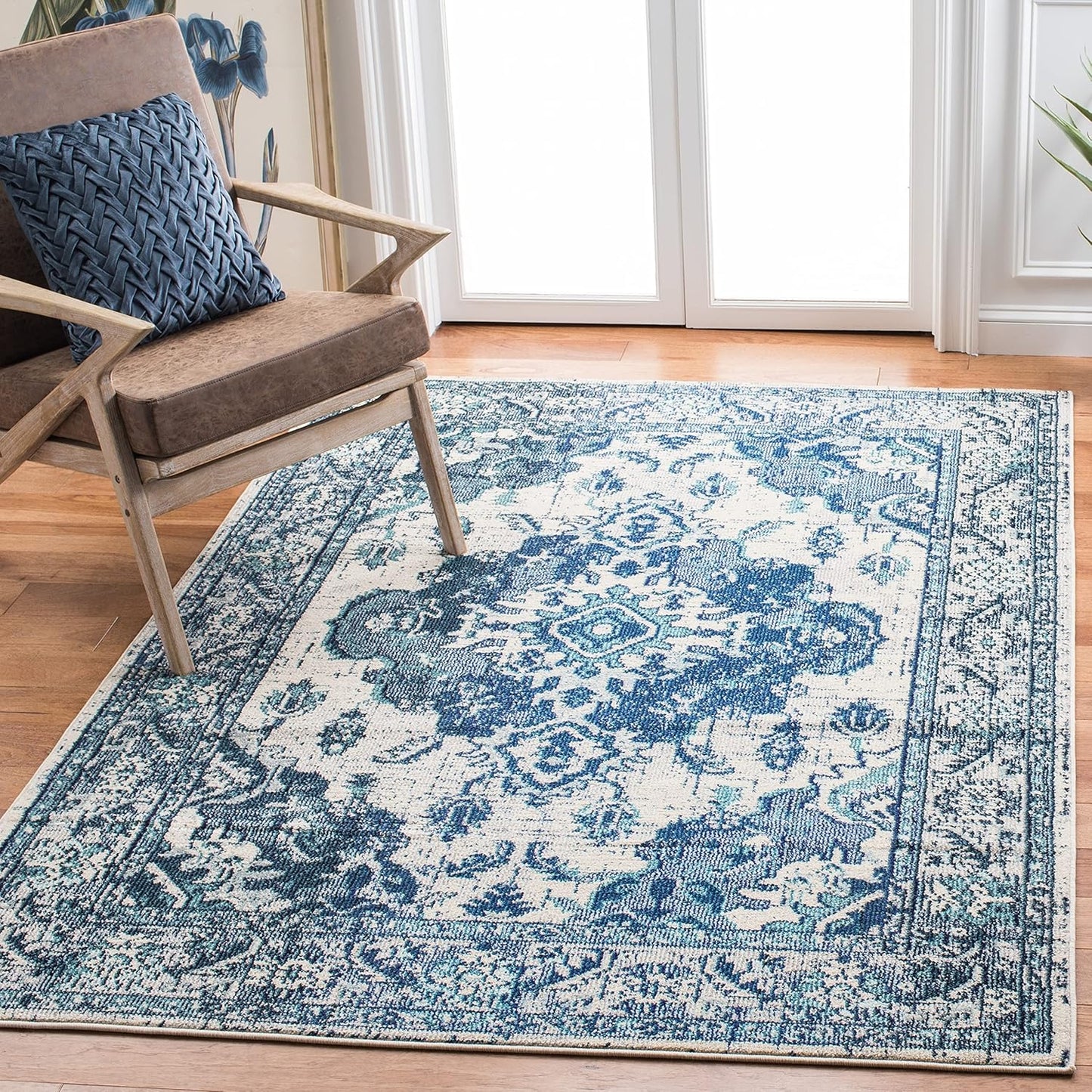SAFAVIEH Monaco Collection Area Rug - 8' x 10', Ivory & Blue, Boho Chic Medallion Distressed Design, Non-Shedding & Easy Care, Ideal for High Traffic Areas in Living Room, Bedroom (MNC243A)