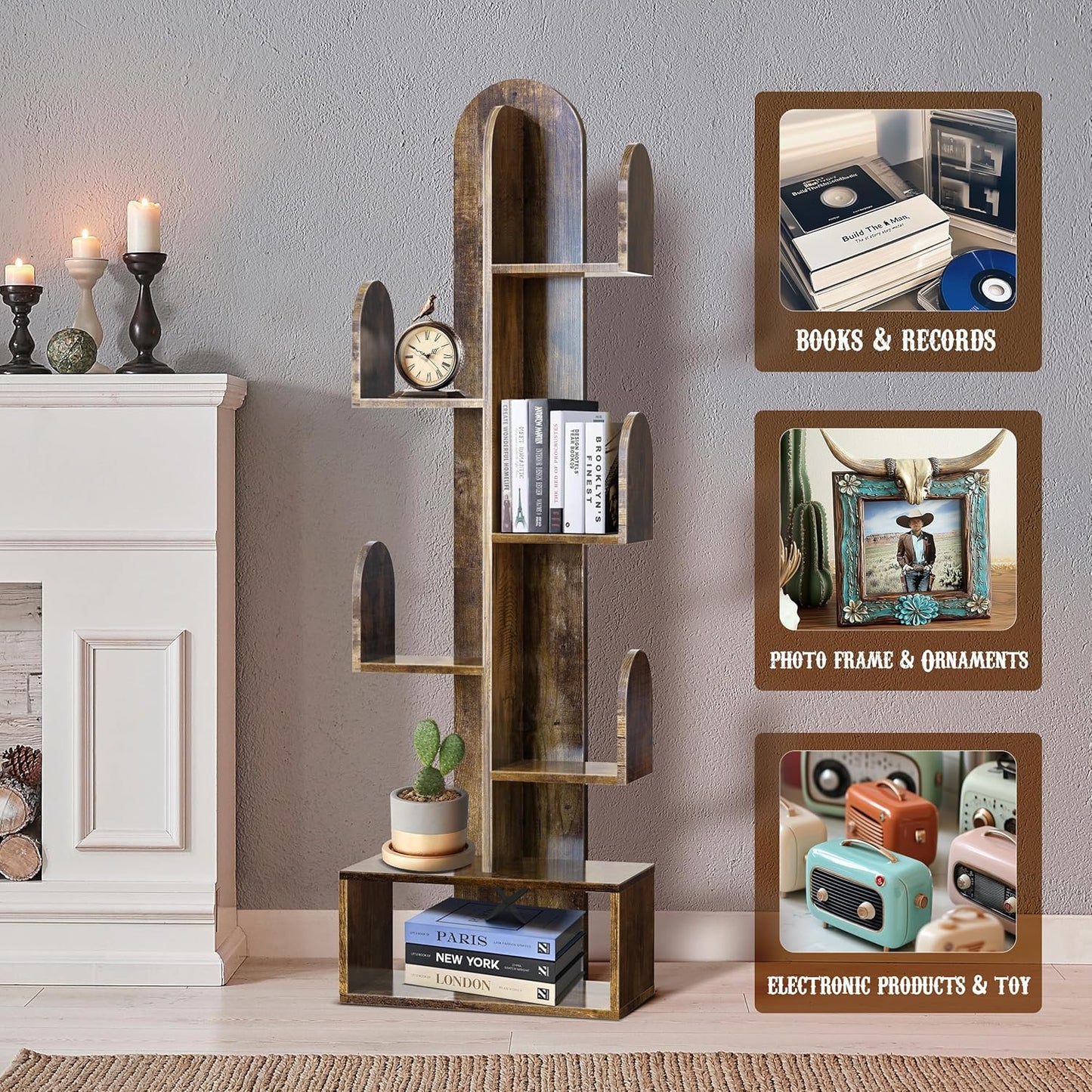 Cactus Tree Bookshelf, 5-Tier Wood 50" Tall Corner Storage Rack for CDs/Movies/Books, Small Space-Saving Organizer Shelves for Living Room, Bedroom, Home Office (Rustic Brown)