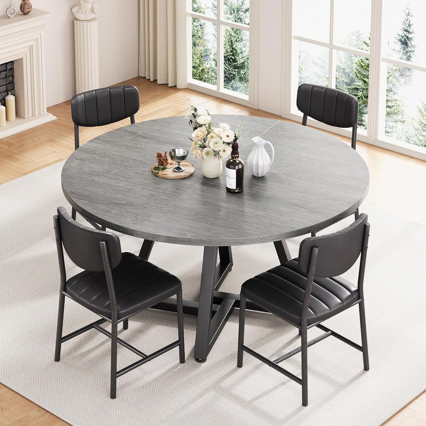42“ Round Kitchen Dining Room Table for 2-4, Circle Dining Dinner Table with Pedestal Metal Frame, Space Saving Wood Industrial Furniture for Small Space (Grey, 42IN)