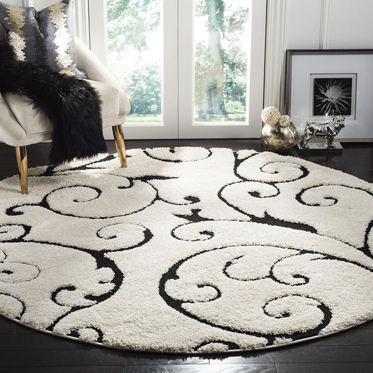 SAFAVIEH Florida Shag Collection 11' Round Ivory / Black SG455 Scrolling Vine Graceful Swirl Textured Non-Shedding Living Room Bedroom Dining Room Entryway Plush 1.2-inch Thick Area Rug