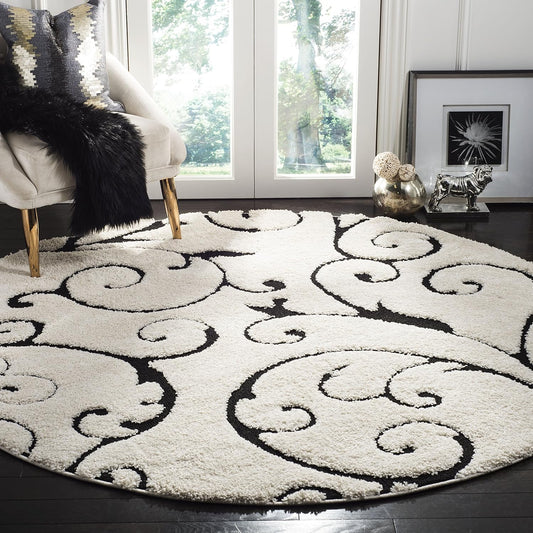 SAFAVIEH Florida Shag Collection 8' Round Ivory/Black SG455 Scrolling Vine Graceful Swirl Textured Non-Shedding Living Room Bedroom 1.2-inch Thick Area Rug