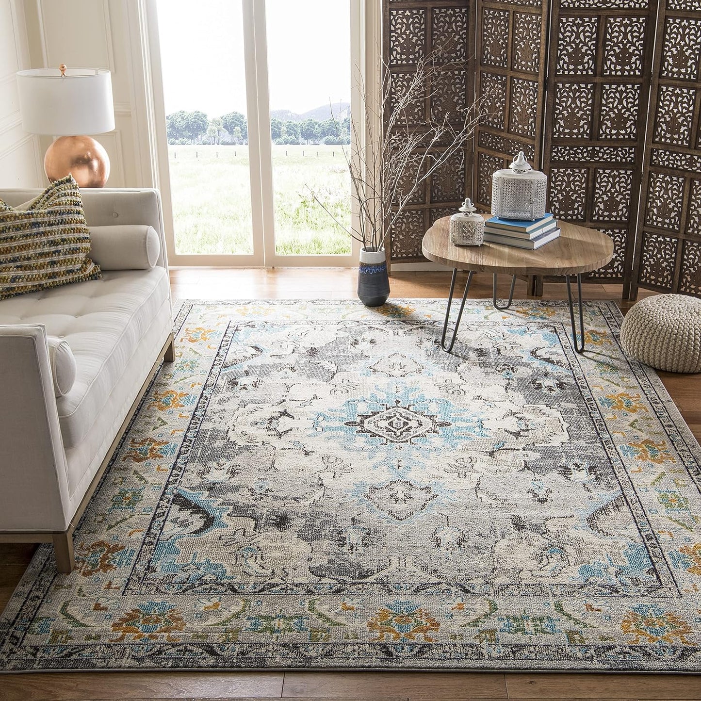 SAFAVIEH Monaco Collection Area Rug - 9' x 12', Grey & Light Blue, Boho Chic Medallion Distressed Design, Non-Shedding & Easy Care, Ideal for High Traffic Areas in Living Room, Bedroom (MNC243G)