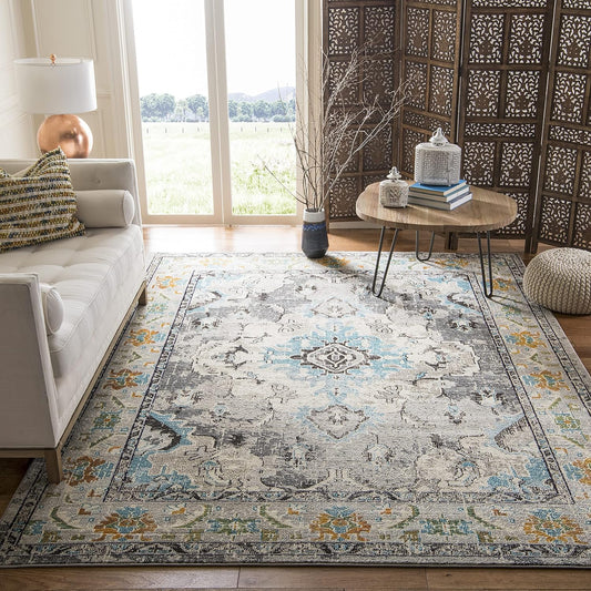 SAFAVIEH Monaco Collection Area Rug - 9' x 12', Grey & Light Blue, Boho Chic Medallion Distressed Design, Non-Shedding & Easy Care, Ideal for High Traffic Areas in Living Room, Bedroom (MNC243G)