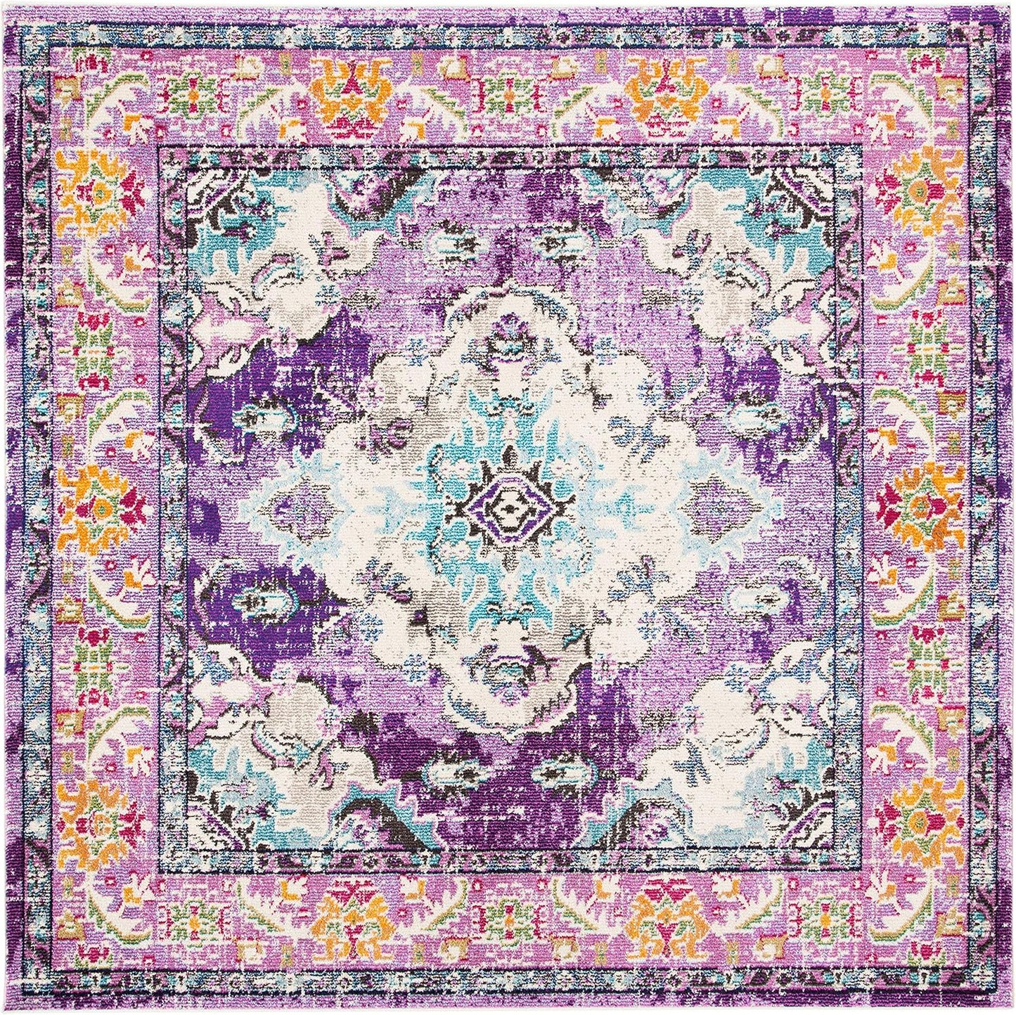 SAFAVIEH Monaco Collection Area Rug - 6'7" Square, Violet & Light Blue, Boho Chic Medallion Distressed Design, Non-Shedding & Easy Care, Ideal for High Traffic Areas in Living Room, Bedroom (MNC243L)