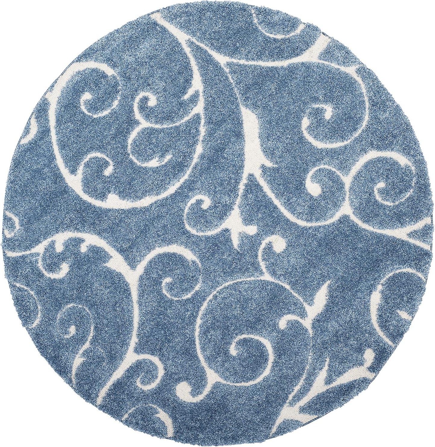SAFAVIEH Florida Shag Collection 4' Round Light Blue/Cream SG455 Scrolling Vine Graceful Swirl Textured Non-Shedding Living Room Bedroom Dining Room Entryway Plush 1.2-inch Thick Area Rug