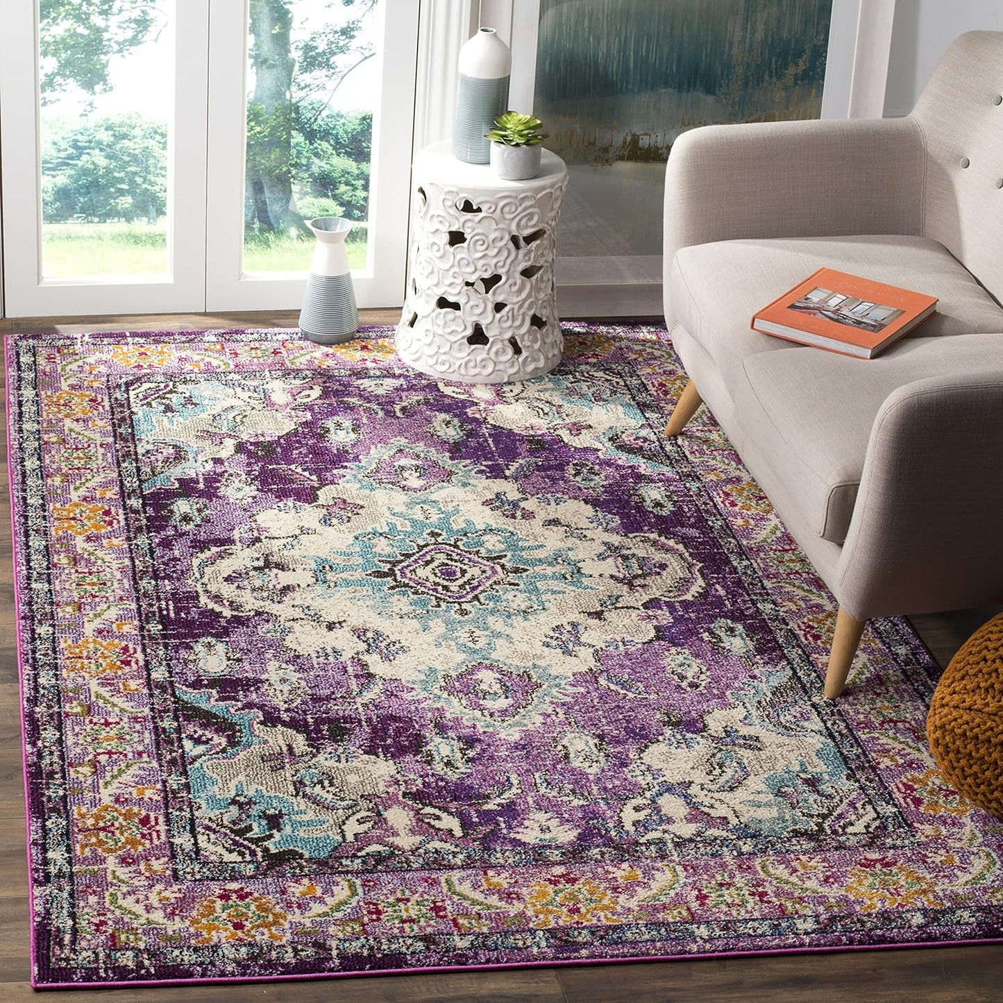 SAFAVIEH Monaco Collection Area Rug - 5'1" x 7'7", Violet & Light Blue, Boho Chic Medallion Distressed Design, Non-Shedding & Easy Care, Ideal for High Traffic Areas in Living Room, Bedroom (MNC243L)