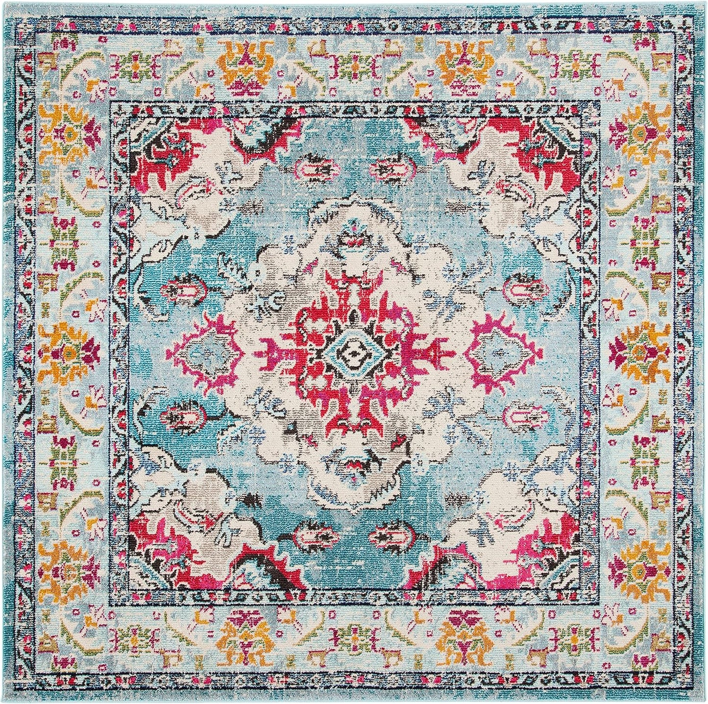 SAFAVIEH Monaco Collection Area Rug - 11' Square, Light Blue & Fuchsia, Boho Chic Medallion Distressed Design, Non-Shedding & Easy Care, Ideal for High Traffic Areas in Living Room, Bedroom (MNC243J)