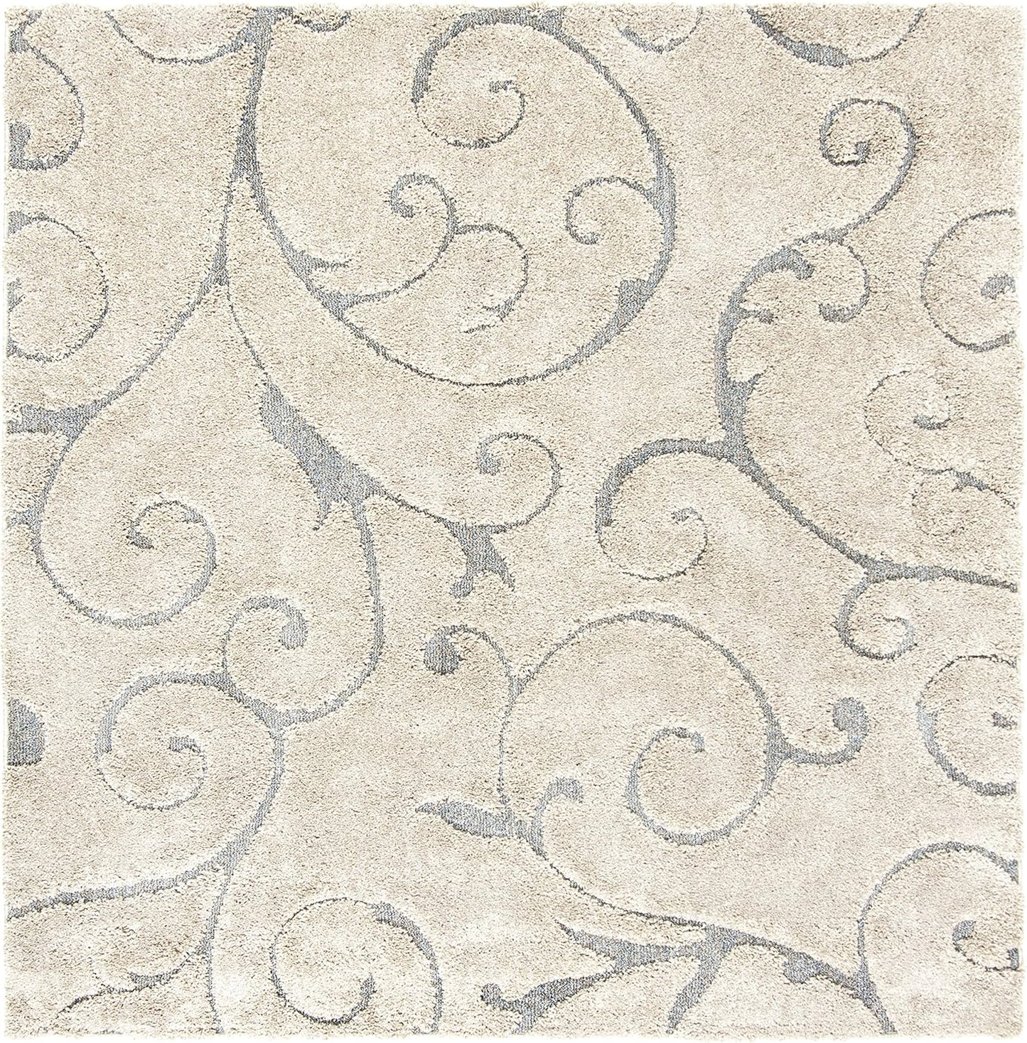 SAFAVIEH Florida Shag Collection Area Rug - 6'7" Square, Beige & Blue Grey, Scroll Design, Non-Shedding & Easy Care, 1.2-inch Thick Ideal for High Traffic Areas in Living Room, Bedroom (SG455-1155)