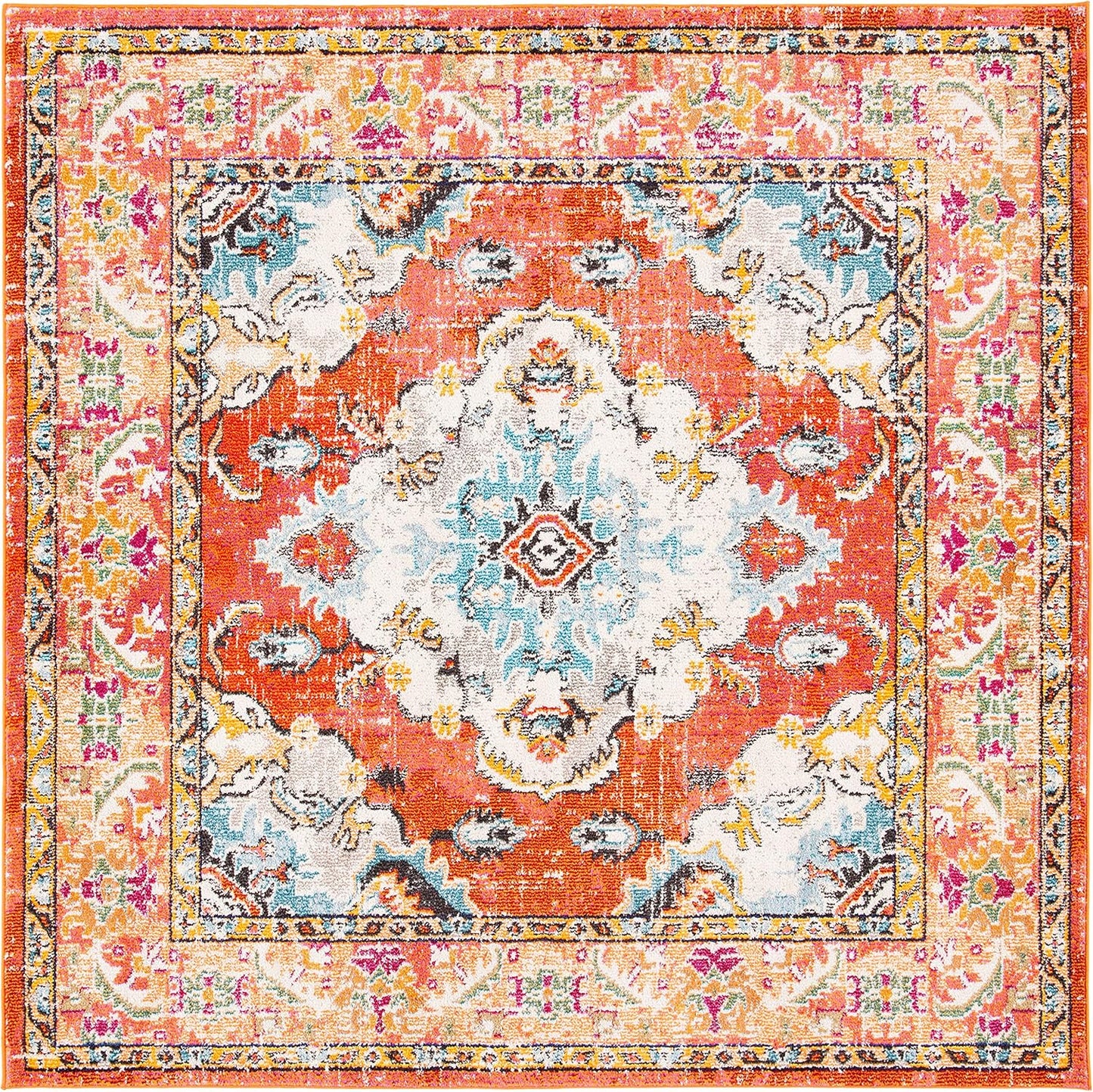 SAFAVIEH Monaco Collection Area Rug - 11' Square, Orange & Light Blue, Boho Chic Medallion Distressed Design, Non-Shedding & Easy Care, Ideal for High Traffic Areas in Living Room, Bedroom (MNC243H)