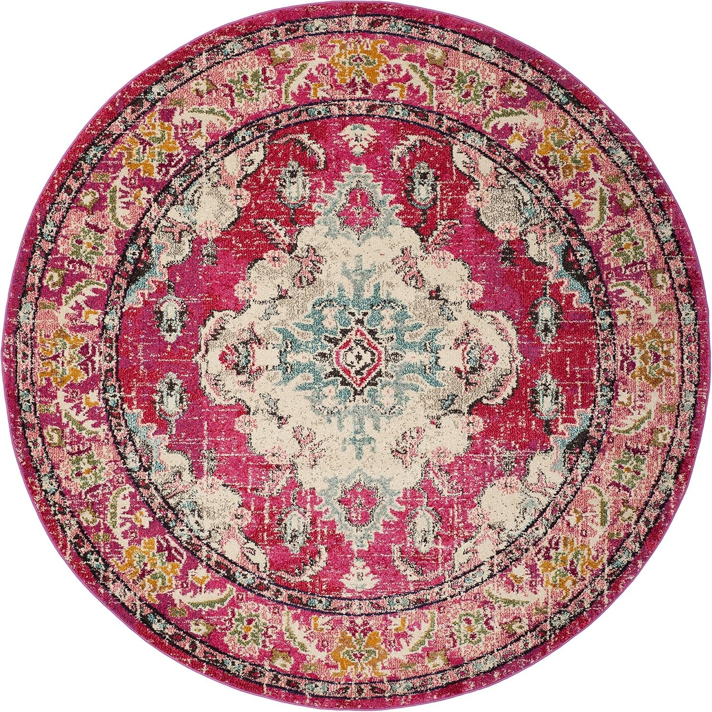 SAFAVIEH Monaco Collection Area Rug - 8'8" Round, Pink & Multi, Boho Chic Medallion Distressed Design, Non-Shedding & Easy Care, Ideal for High Traffic Areas in Living Room, Bedroom (MNC243D)