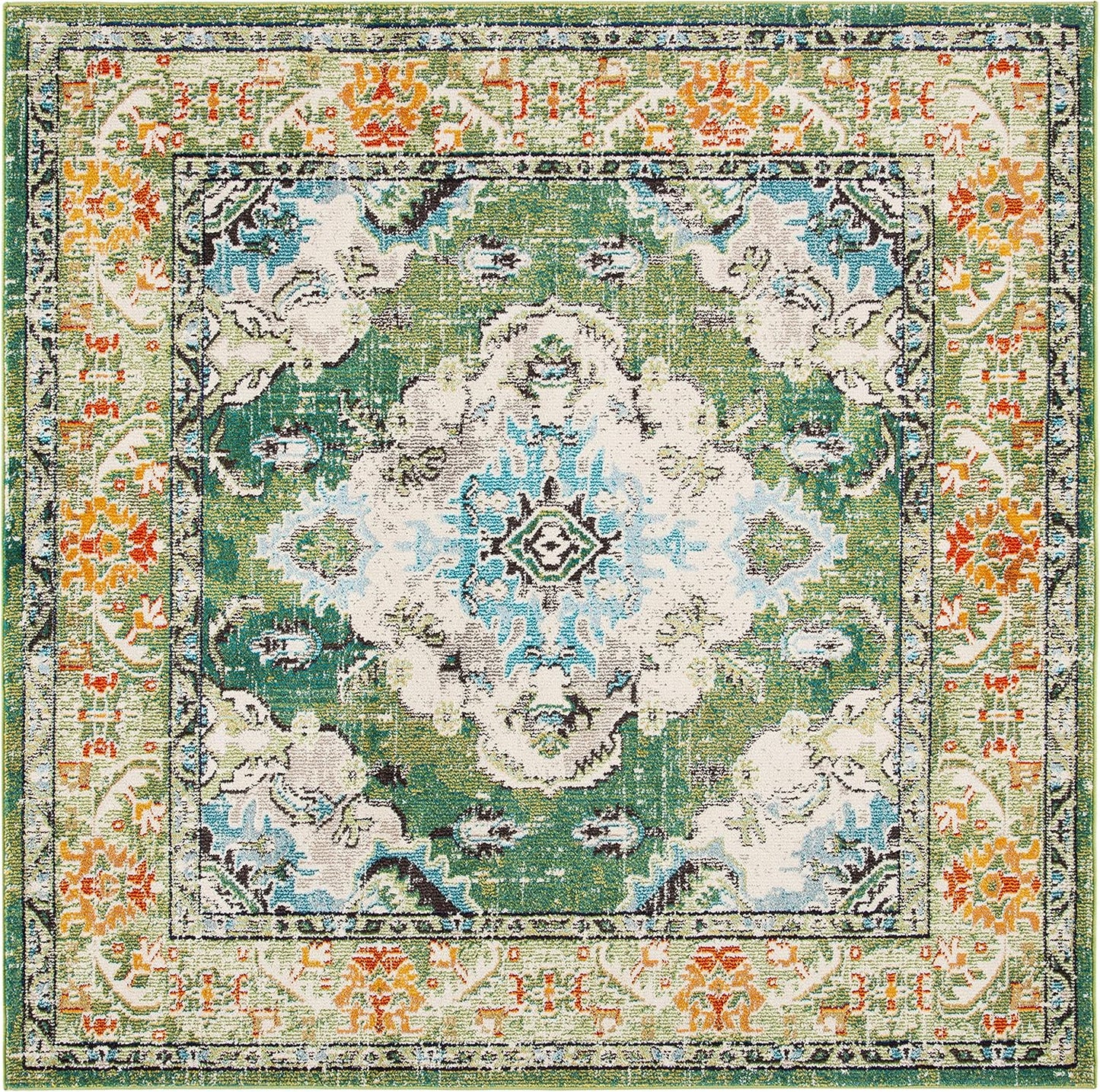 SAFAVIEH Monaco Collection Area Rug - 6'7" Square, Forest Green & Light Blue, Medallion Distressed Design, Non-Shedding & Easy Care, Ideal for High Traffic Areas in Living Room, Bedroom (MNC243F)