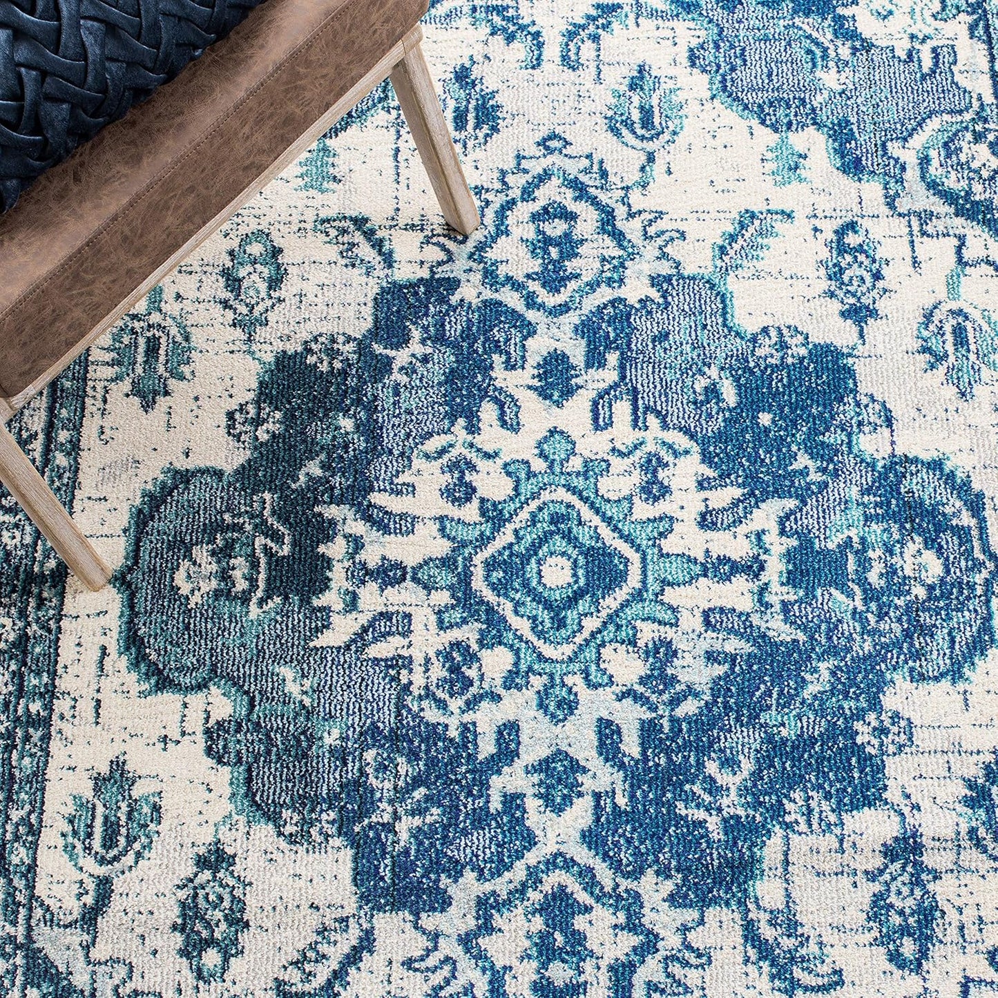 SAFAVIEH Monaco Collection Area Rug - 8' x 10', Ivory & Blue, Boho Chic Medallion Distressed Design, Non-Shedding & Easy Care, Ideal for High Traffic Areas in Living Room, Bedroom (MNC243A)