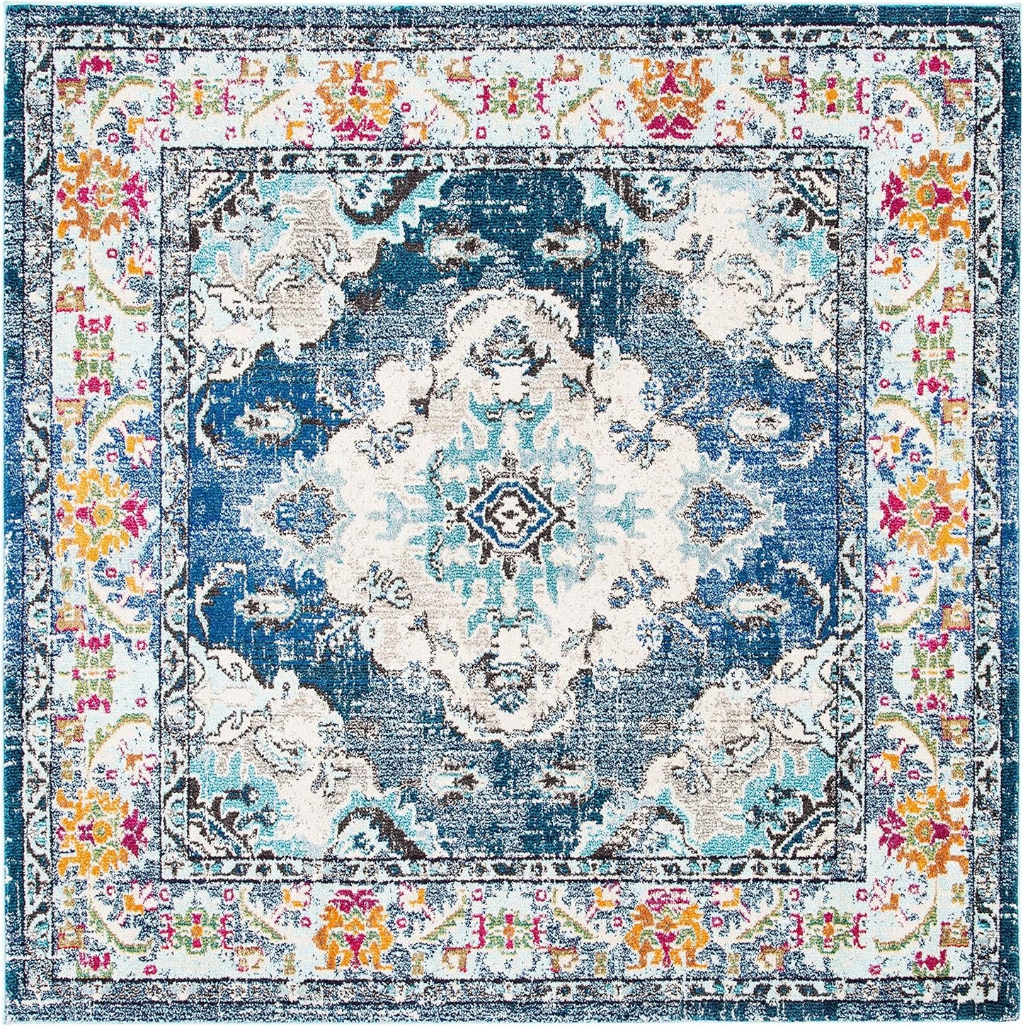 SAFAVIEH Monaco Collection Area Rug - 6'7" Square, Navy & Light Blue, Boho Chic Medallion Distressed Design, Non-Shedding & Easy Care, Ideal for High Traffic Areas in Living Room, Bedroom (MNC243N)