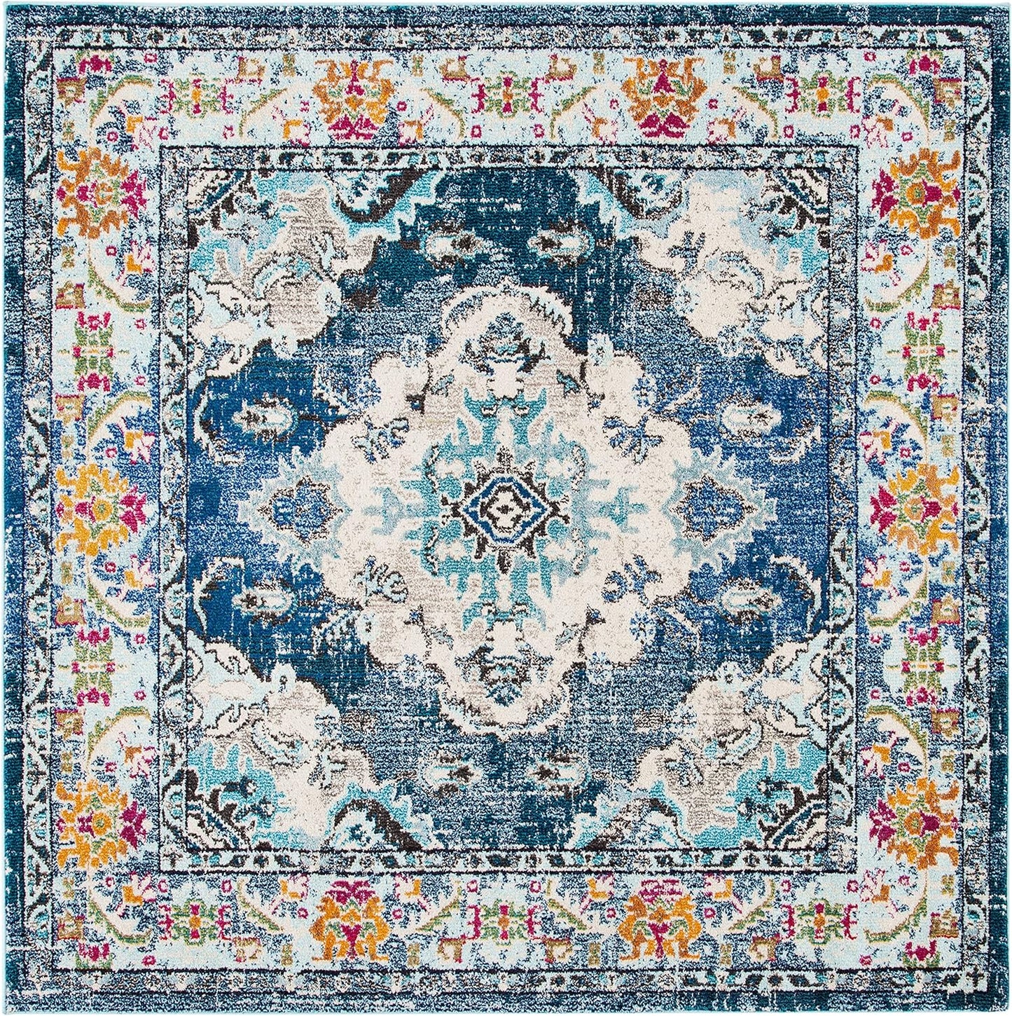 SAFAVIEH Monaco Collection Area Rug - 8' Square, Navy & Light Blue, Boho Chic Medallion Distressed Design, Non-Shedding & Easy Care, Ideal for High Traffic Areas in Living Room, Bedroom (MNC243N)