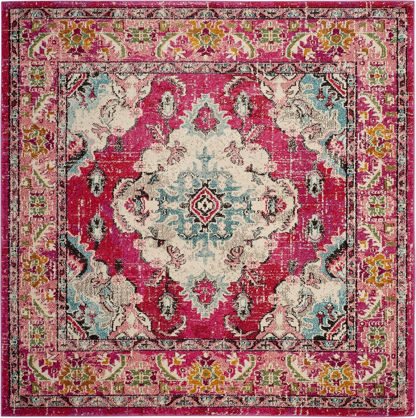 SAFAVIEH Monaco Collection Area Rug - 3' Square, Pink & Multi, Boho Chic Medallion Distressed Design, Non-Shedding & Easy Care, Ideal for High Traffic Areas in Living Room, Bedroom (MNC243D)