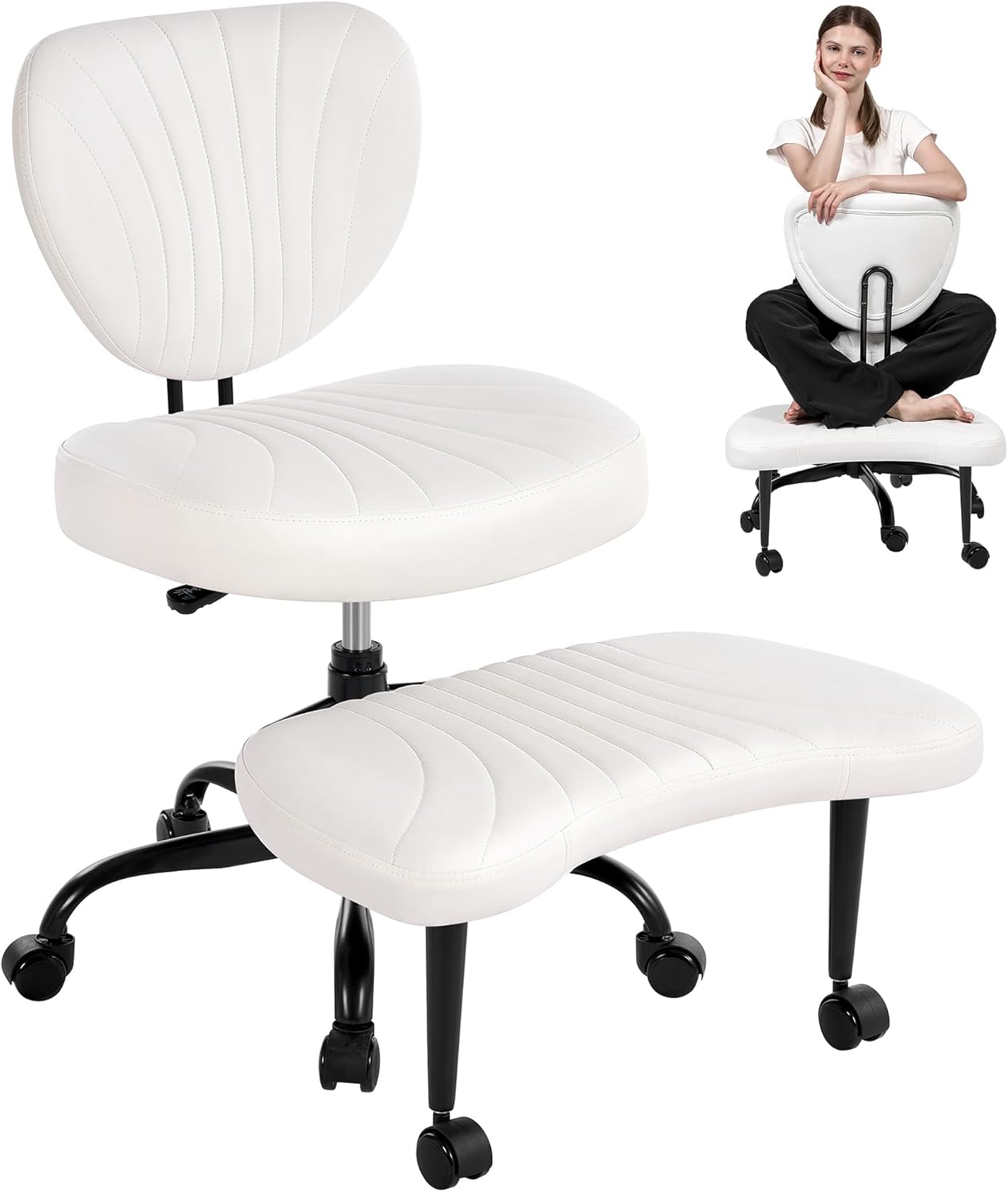 Cross Legged Office Chair, Ergonomic Criss Cross Chair with Wheels, 360° Swivel Height-Adjustable Meditation Chair for Yoga & ADHD, Wide Kneeling Chair with Strong Lumbar Support (White) BPY01W