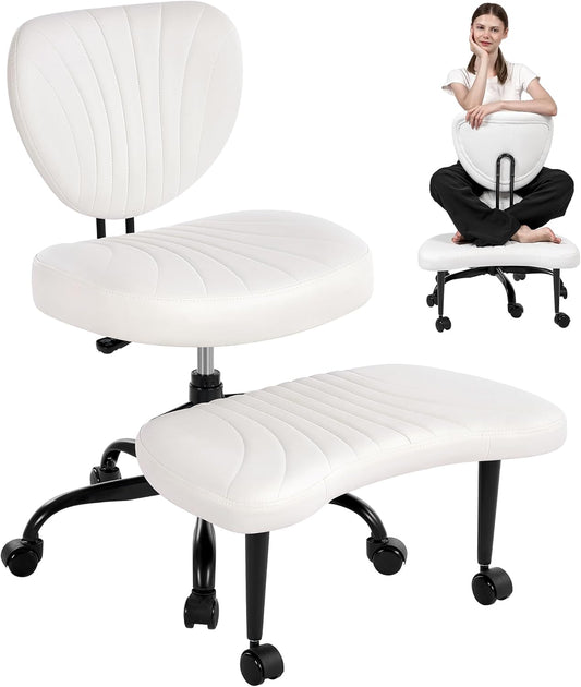 Cross Legged Office Chair, Ergonomic Criss Cross Chair with Wheels, 360° Swivel Height-Adjustable Meditation Chair for Yoga & ADHD, Wide Kneeling Chair with Strong Lumbar Support (White) BPY01W