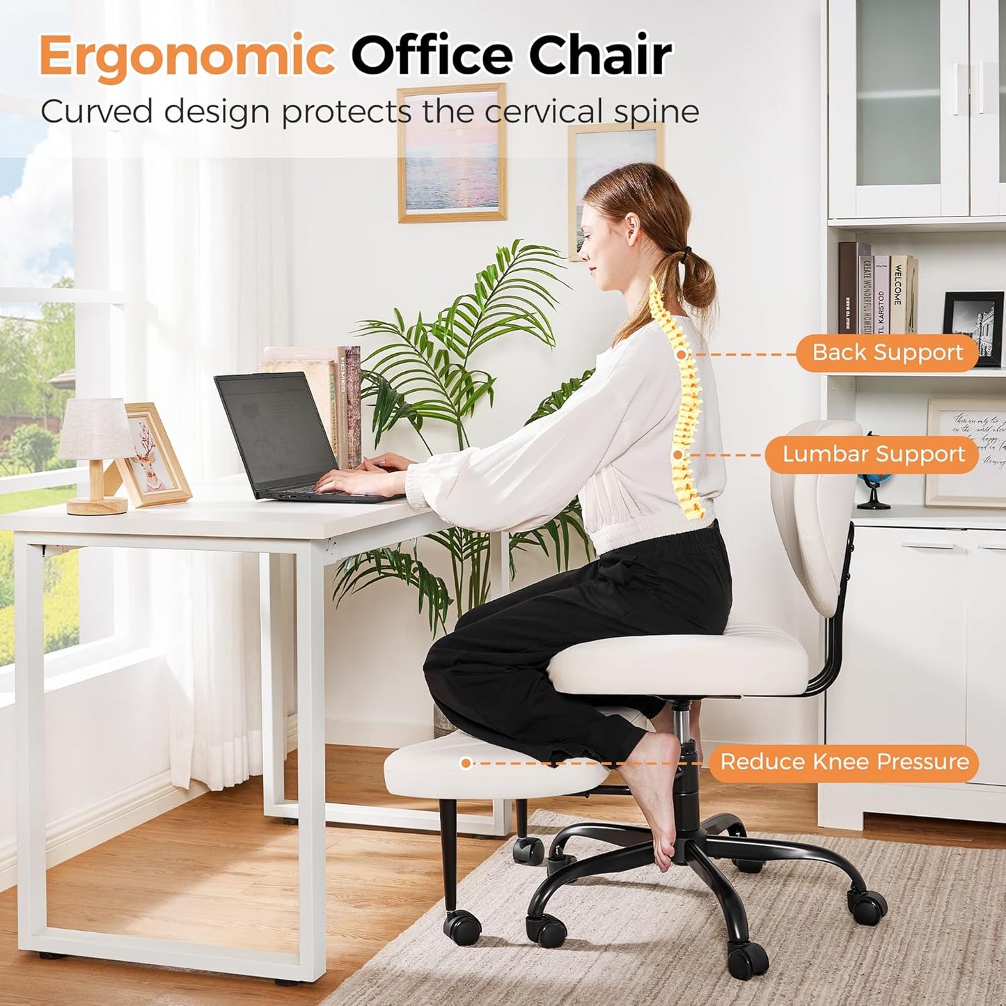 Cross Legged Office Chair, Ergonomic Criss Cross Chair with Wheels, 360° Swivel Height-Adjustable Meditation Chair for Yoga & ADHD, Wide Kneeling Chair with Strong Lumbar Support (White) BPY01W