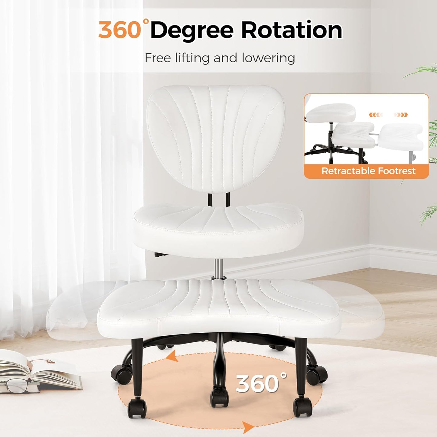 Cross Legged Office Chair, Ergonomic Criss Cross Chair with Wheels, 360° Swivel Height-Adjustable Meditation Chair for Yoga & ADHD, Wide Kneeling Chair with Strong Lumbar Support (White) BPY01W