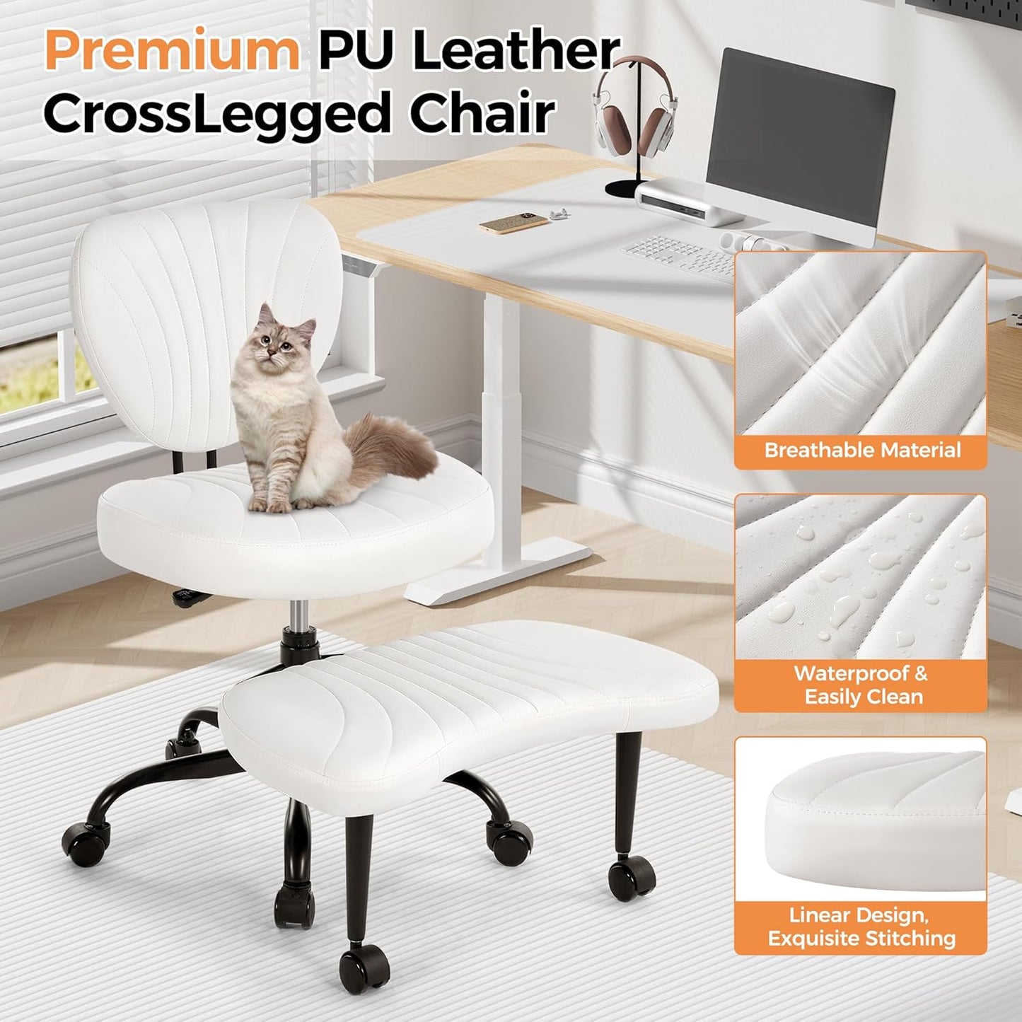 Cross Legged Office Chair, Ergonomic Criss Cross Chair with Wheels, 360° Swivel Height-Adjustable Meditation Chair for Yoga & ADHD, Wide Kneeling Chair with Strong Lumbar Support (White) BPY01W