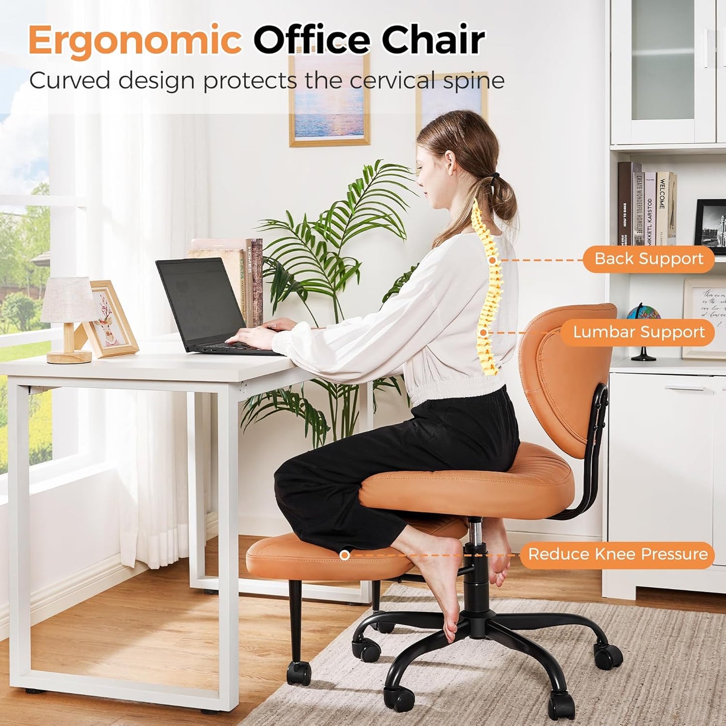 Cross Legged Office Chair, Ergonomic Criss Cross Chair with Wheels, 360° Swivel Height-Adjustable Meditation Chair for Yoga & ADHD, Wide Kneeling Chair with Strong Lumbar Support (Brown) BPY01Z