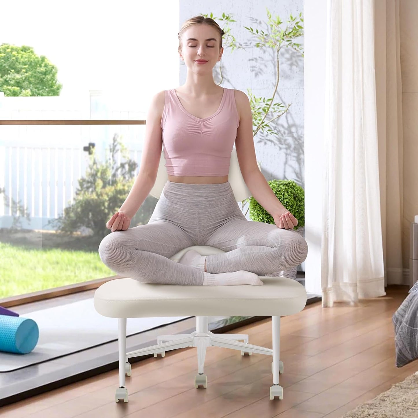 Cross Legged Office Chair with Wheels, Meditation Chair, ADHD Chair for Adults, Wider Height Adjustable Backrest and Seat, Yoga Office Chair, PU Leather, Beige