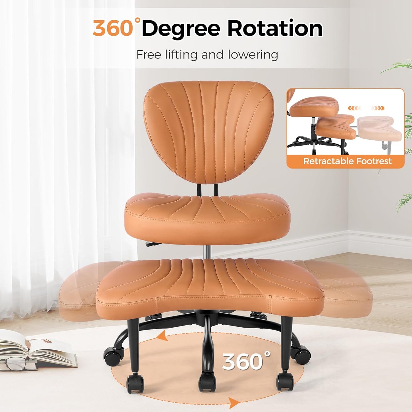 Cross Legged Office Chair, Ergonomic Criss Cross Chair with Wheels, 360° Swivel Height-Adjustable Meditation Chair for Yoga & ADHD, Wide Kneeling Chair with Strong Lumbar Support (Brown) BPY01Z