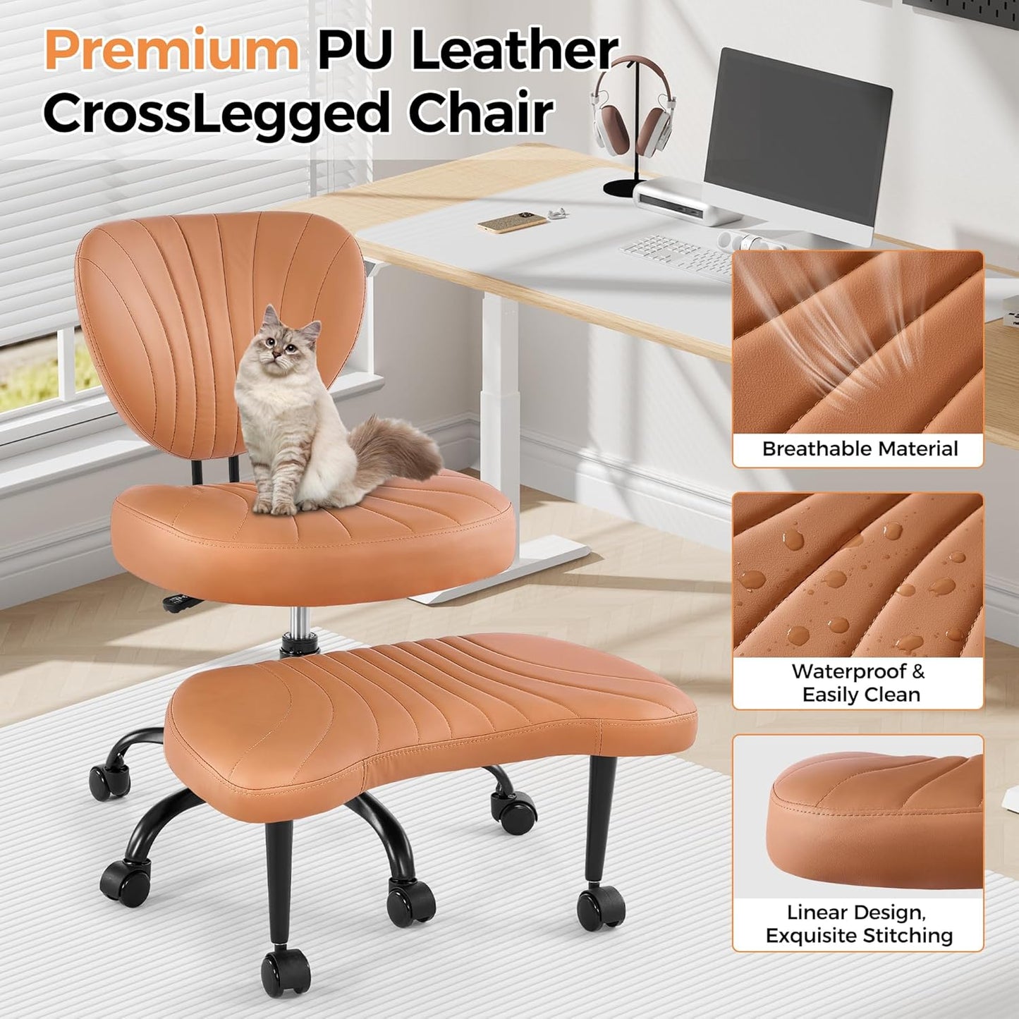 Cross Legged Office Chair, Ergonomic Criss Cross Chair with Wheels, 360° Swivel Height-Adjustable Meditation Chair for Yoga & ADHD, Wide Kneeling Chair with Strong Lumbar Support (Brown) BPY01Z