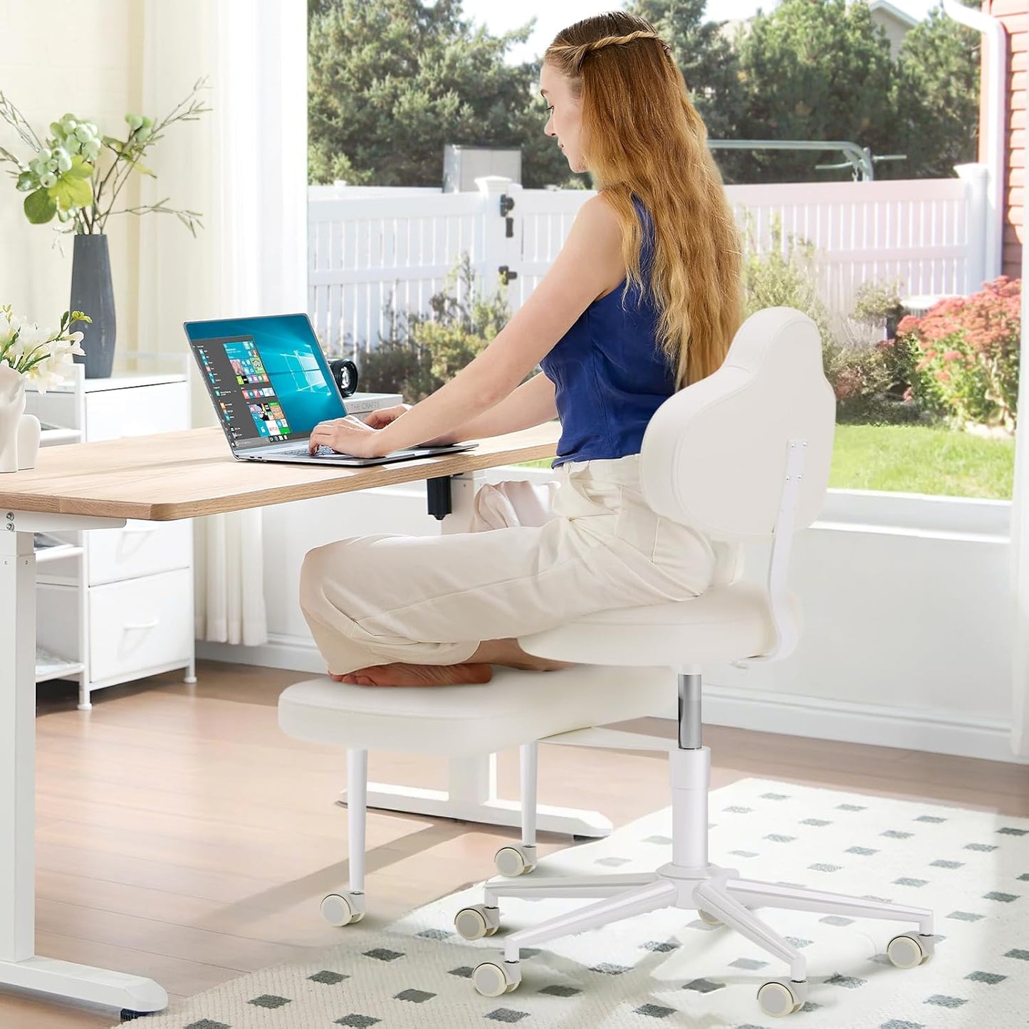 Cross Legged Office Chair with Wheels, Meditation Chair, ADHD Chair for Adults, Wider Height Adjustable Backrest and Seat, Yoga Office Chair, PU Leather, Beige