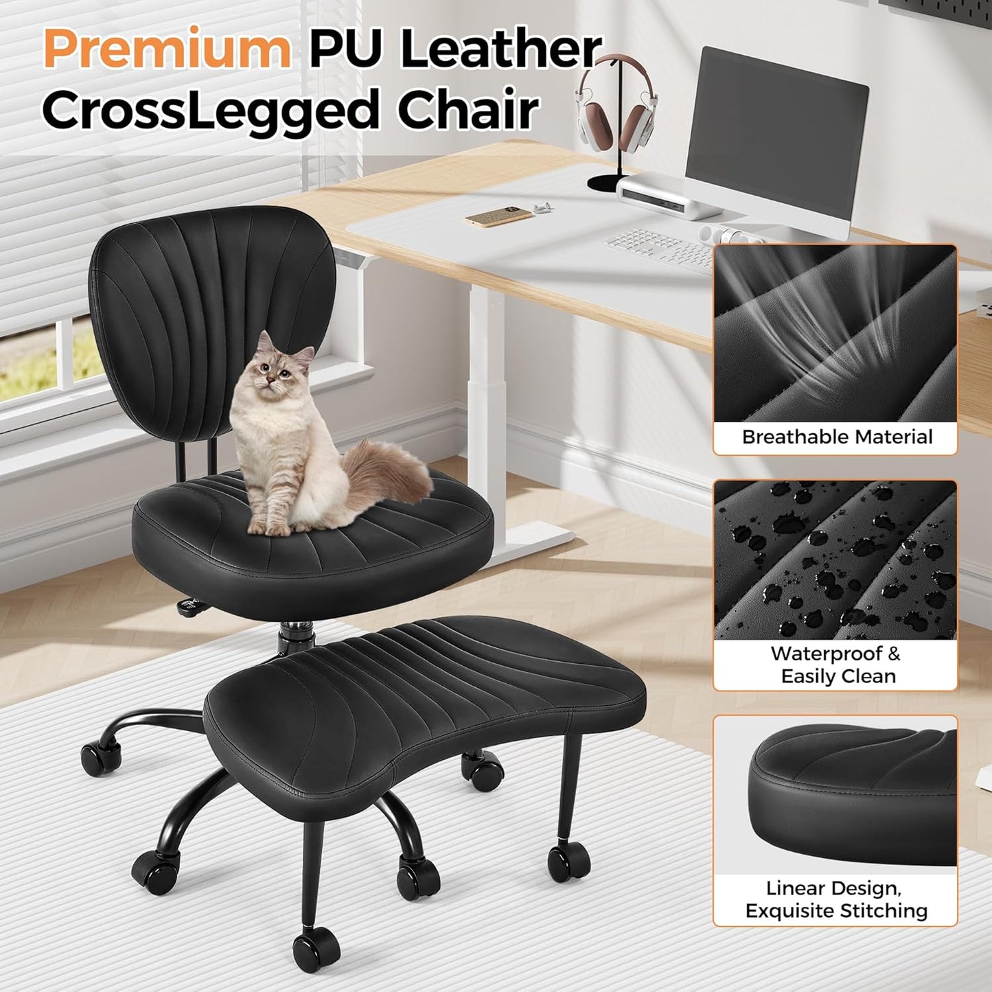 Cross Legged Office Chair, Ergonomic Criss Cross Chair with Wheels, 360° Swivel Height-Adjustable Meditation Chair for Yoga & ADHD, Wide Kneeling Chair with Strong Lumbar Support (Black) BPY01B Visit the BEWISHOME Store