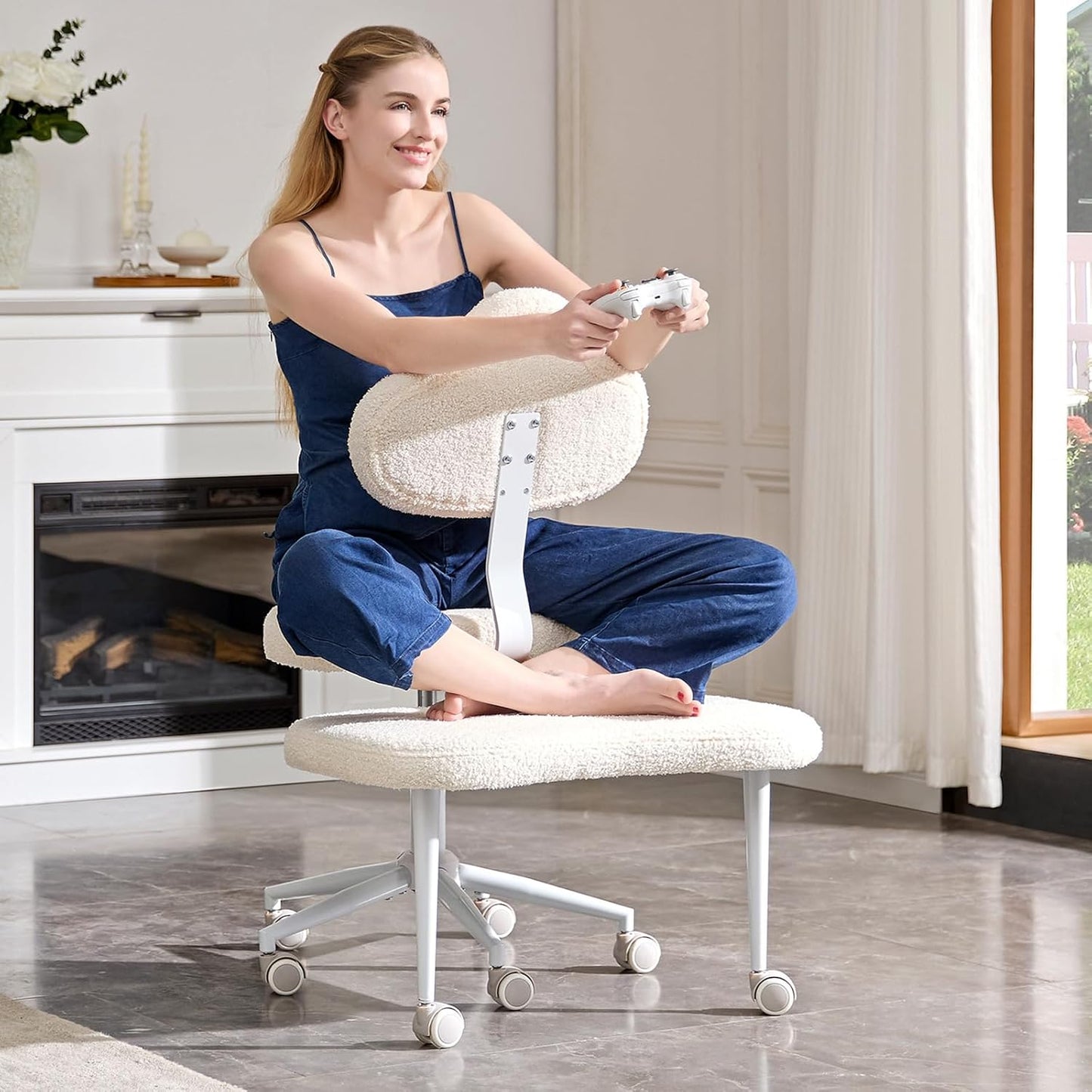 Cross Legged Office Chair with Wheels, Meditation Chair, ADHD Chair for Adults, Wider Height Adjustable Backrest and Seat, Yoga Office Chair, Teddy Fabric, Off White