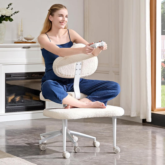 Cross Legged Office Chair with Wheels, Meditation Chair, ADHD Chair for Adults, Wider Height Adjustable Backrest and Seat, Yoga Office Chair, Teddy Fabric, Off White
