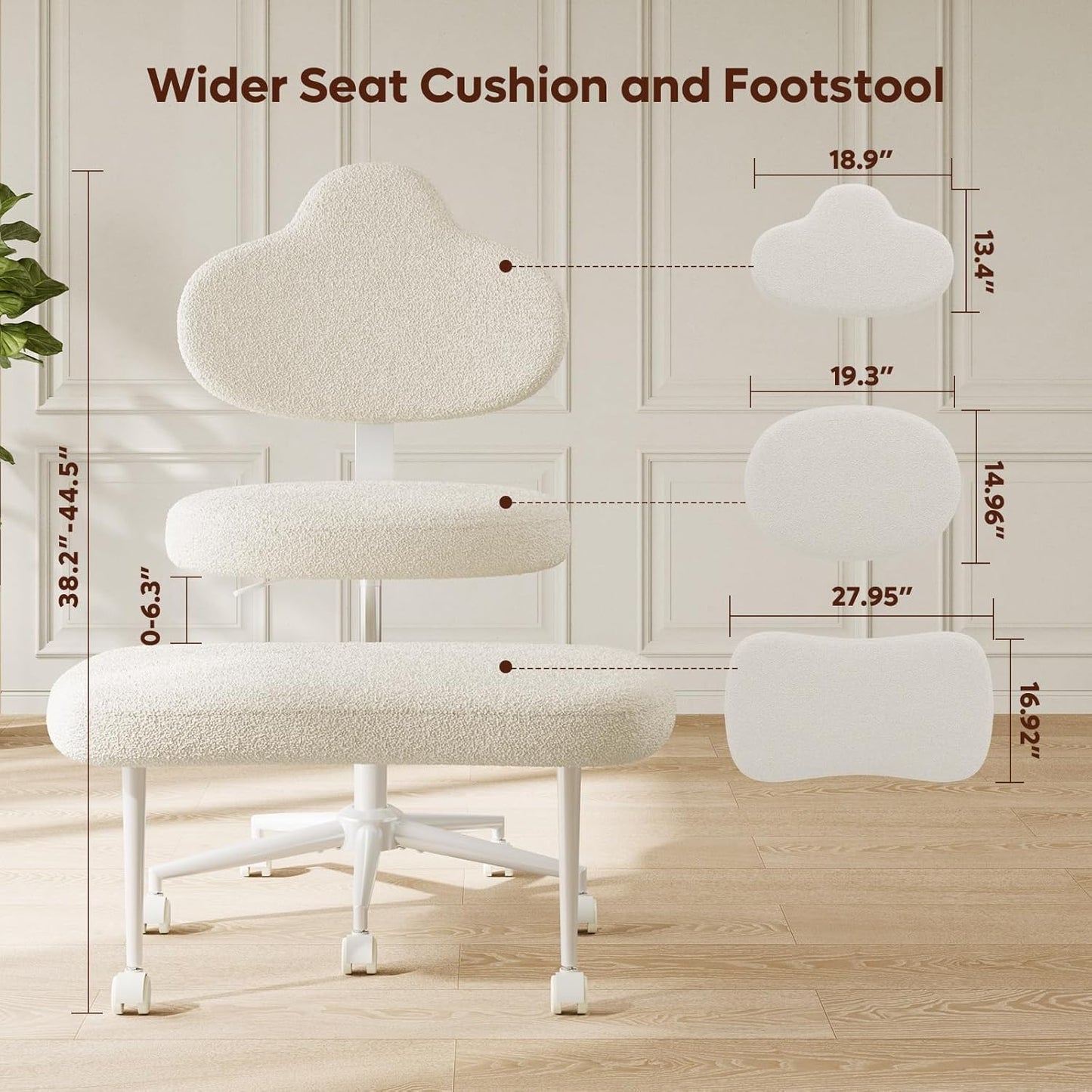 Cross Legged Office Chair with Wheels, Meditation Chair, ADHD Chair for Adults, Wider Height Adjustable Backrest and Seat, Yoga Office Chair, Teddy Fabric, Off White