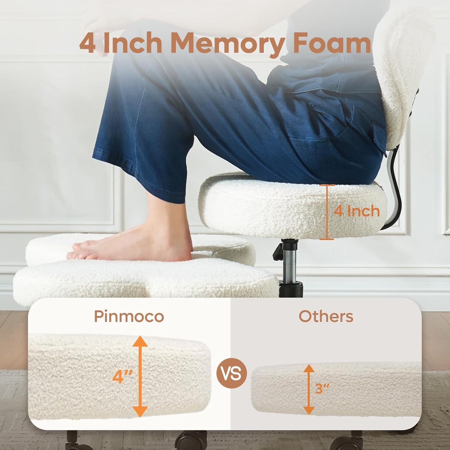 Cross Legged Office Chair with Wheels, Meditation Chair, ADHD Chair for Adults, Wider Height Adjustable Backrest and Seat, Yoga Office Chair, Teddy Fabric, Off White