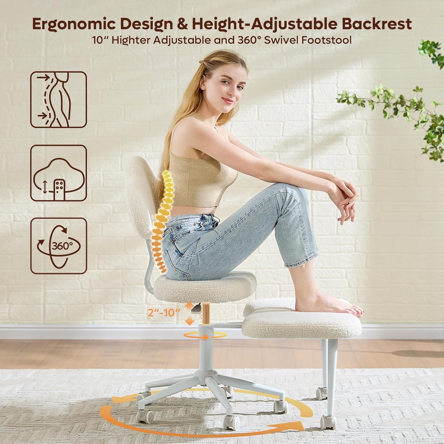 Cross Legged Office Chair with Wheels, Meditation Chair, ADHD Chair for Adults, Wider Height Adjustable Backrest and Seat, Yoga Office Chair, Teddy Fabric, Off White