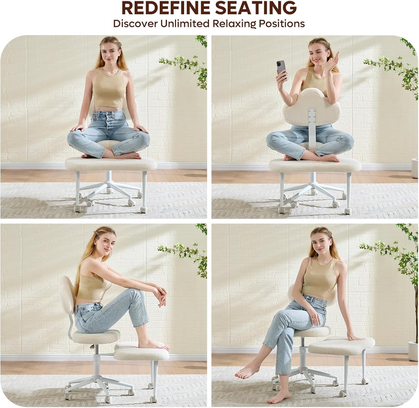 Cross Legged Office Chair with Wheels, Meditation Chair, ADHD Chair for Adults, Wider Height Adjustable Backrest and Seat, Yoga Office Chair, Teddy Fabric, Off White